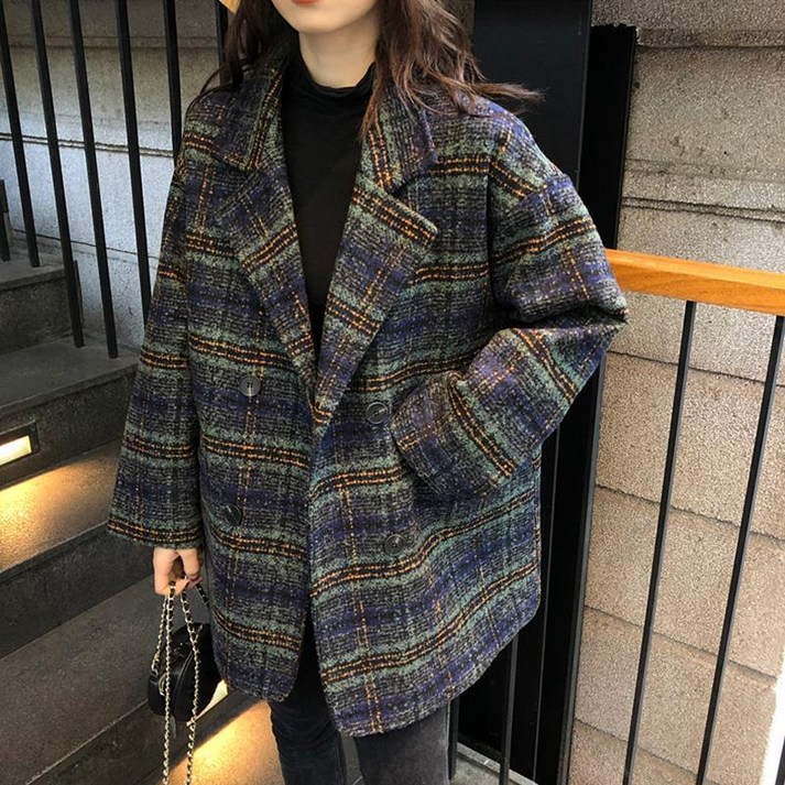 체크 모직코트 브이넥 루즈핏 봄가을 겨울 미디코트 빈티지 여성코트 패딩자켓