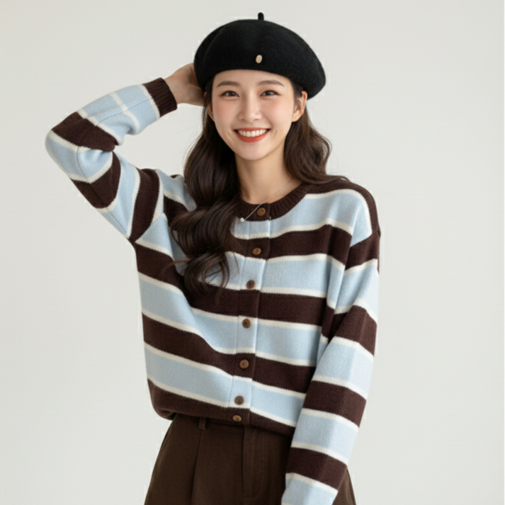 원사좋음 누보마켓 맨살에도 부드러운 여성 겨울 라운드넥 윈터 단가라 도톰 니트 가디건