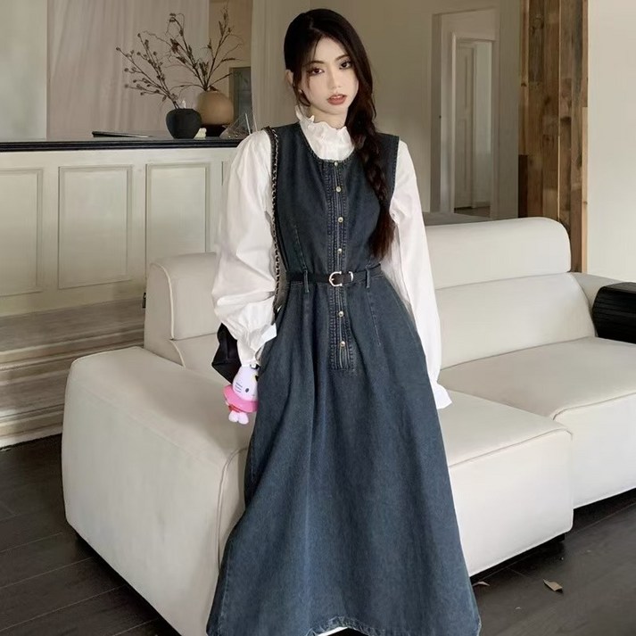 Chephie 데님 빈티지 원피스긴팔 셔츠 세트