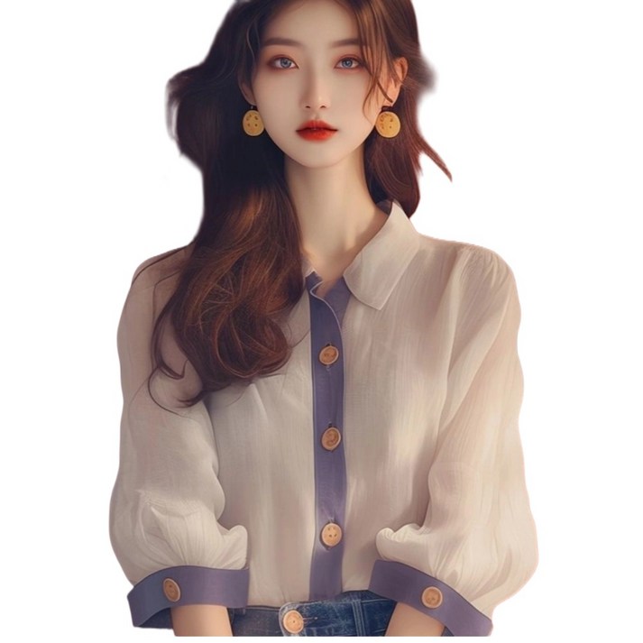 여성 산뜻 블라우스 카라넥 브이넥 루즈핏 살안타 긴팔