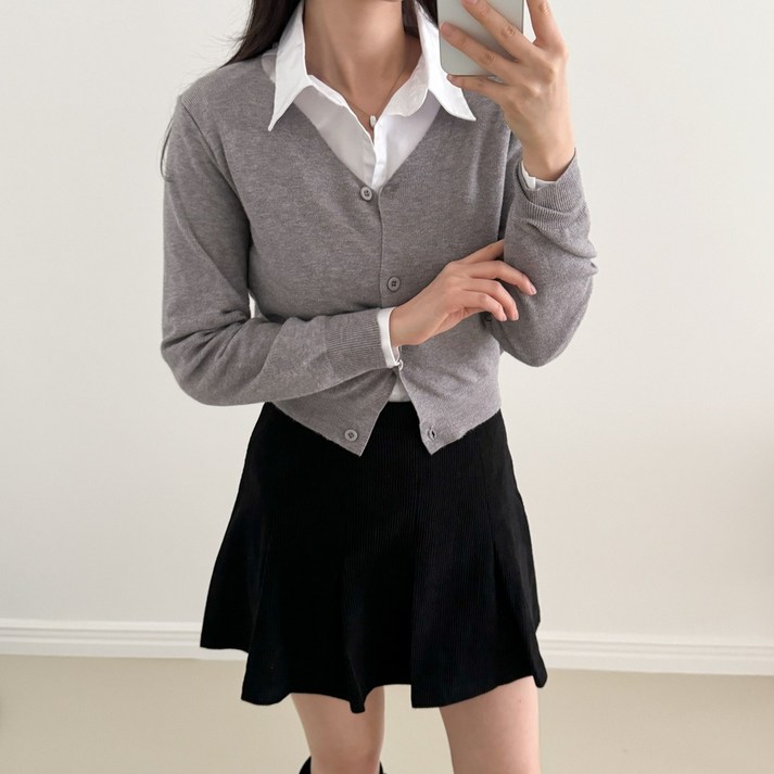 시연 여성 브이넥 니트 가디건 숏 가디건 세미 크롭