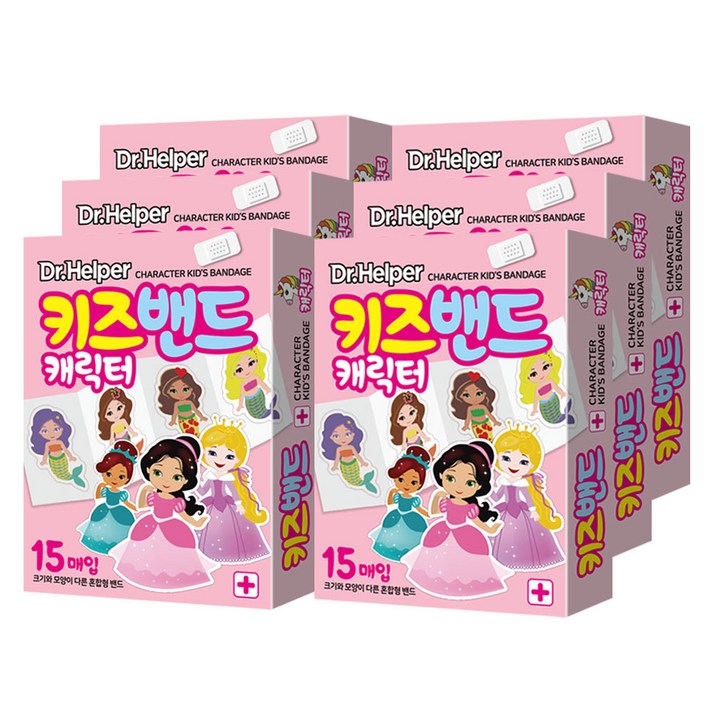 닥터헬퍼 캐릭터 키즈밴드 공주 단독 모양 일회용 반창고 상처밴드 혼합형 15P X 6개입
