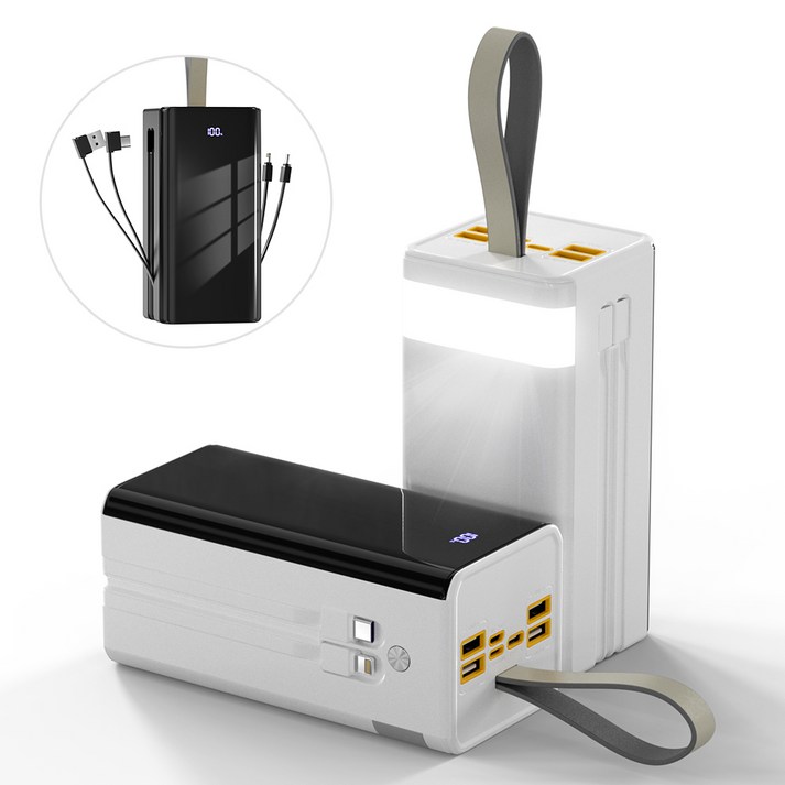 대용량 보조배터리 50000mAh 고속충전 PDQC3.0 일체형 휴대용 전원 여행용 캠핑용 파워뱅크, 화이트
