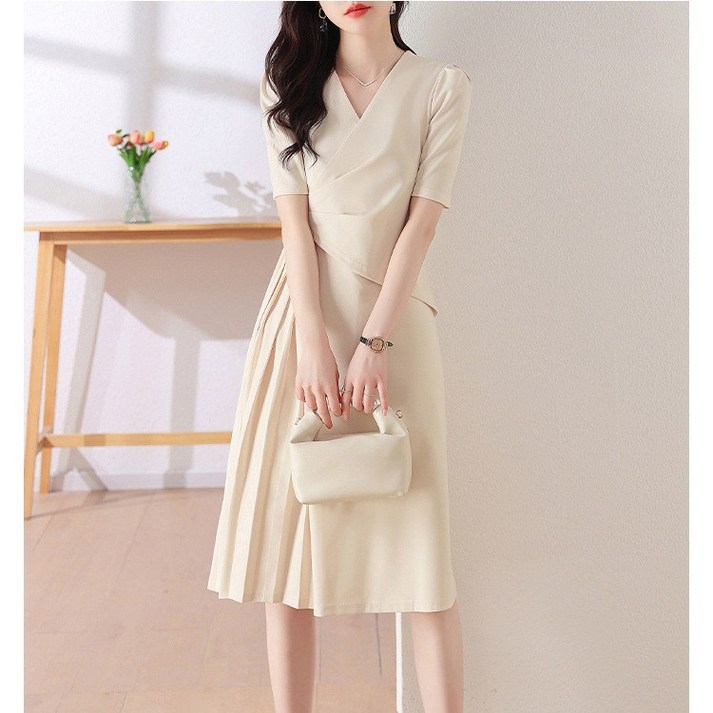 POMTOR 여성 여름 쉬폰 A라인 쉬폰 정장 하객룩 롱 셔링 원피스