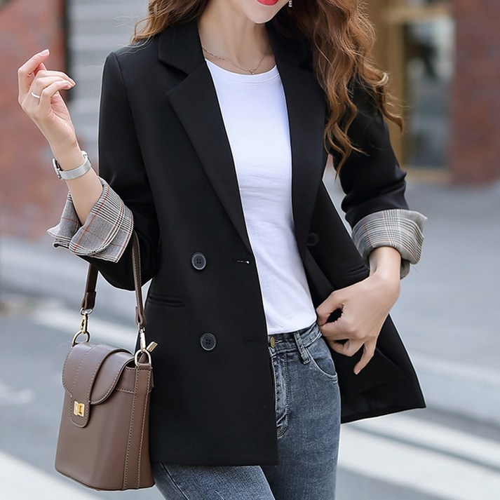 여성 자켓 체크 소매 아우터 여자 정장 블랙 재킷