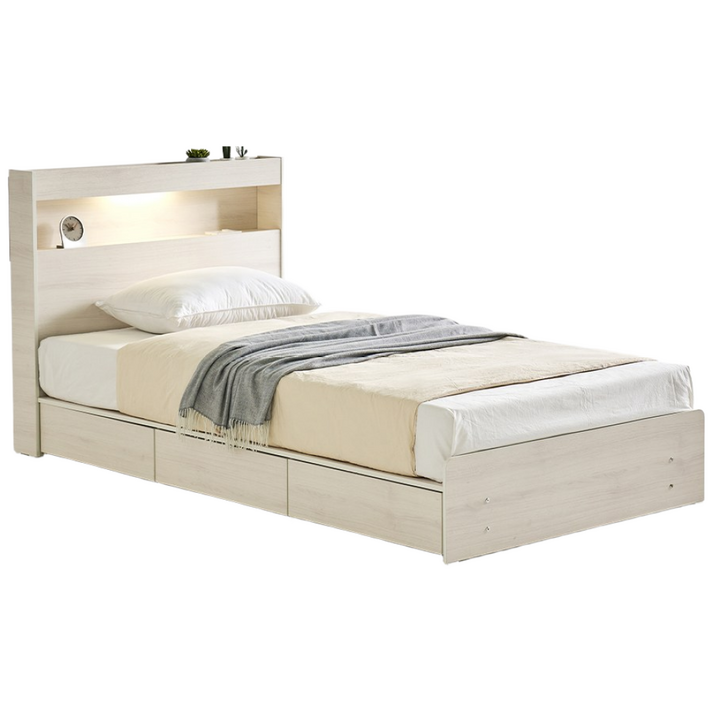 보루네오 루나Po LED 3서랍 수납 침대 슈퍼싱글 SS 양면 매트리스 세트, 화이트워시