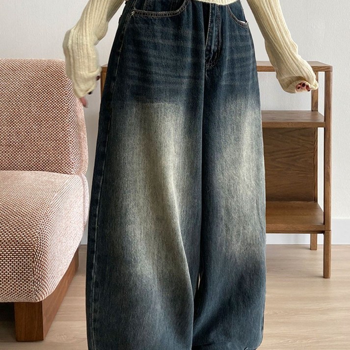 부기샵 여성데님 아키 백스트랩 워싱 롱 와이드 청바지