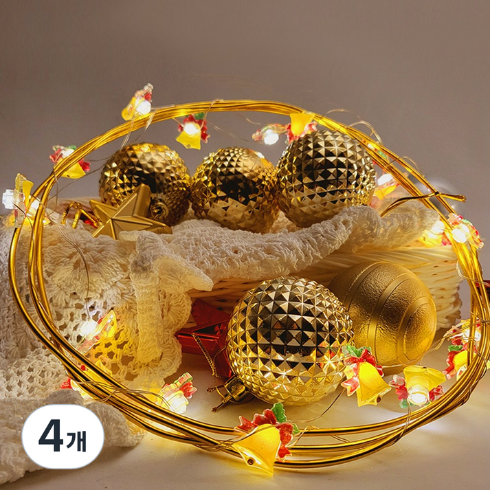 아리조명 당일출고) LED 크리스마스 파티 장식 조명 건전지 캐릭터 데코 와이어 줄 트리 전구 산타 눈사람 루돌프 종 (깜빡임 기능o), 캐릭터 와이어 전구 종 20p (+AA건전지 4개), 4개