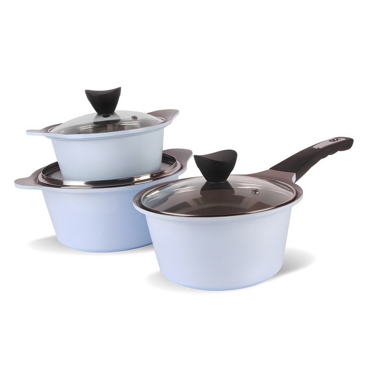 키친웰 벨로스 세라믹 코팅 냄비 세트 3개, 스카이블루, 양수냄비 16cm  20cm  편수냄비 18cm, 1세트