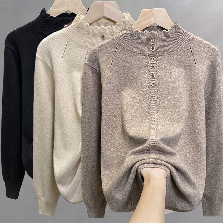 ROYALBELLE 여성 빅사이즈 반폴라 니트 루즈핏 따뜻한 심플 이너 스웨터 F0111204