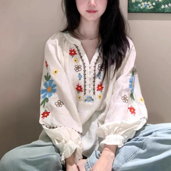 쁘띠꼬모 여성 보헤미안 플로럴 자수 퍼프소매 루즈핏 코튼 블라우스 GX5102663
