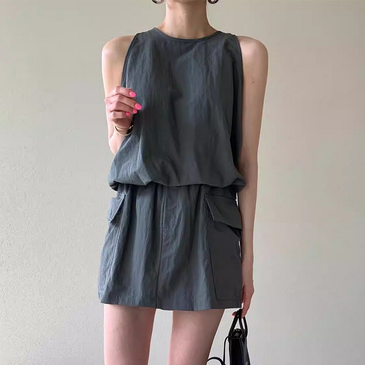 CABULE 여름 여성용 크롭 지퍼 나시 셔츠  허리 밴딩 팬츠스커트 투피스 세트