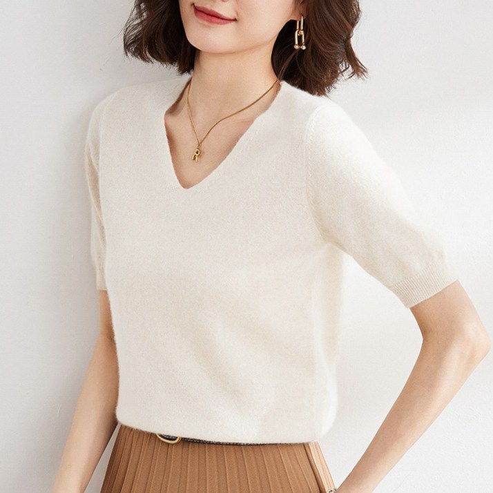 지나홈 여성 브이넥 반팔 니트 1P