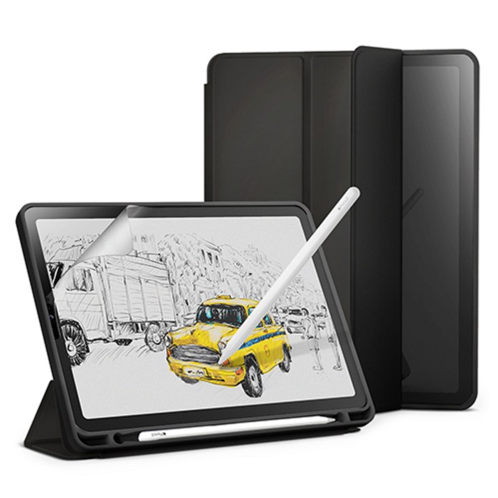 신지모루 스마트커버 애플펜슬 수납 태블릿PC 케이스 + 종이질감 액정보호 필름 세트, 블랙 - 투데이밈