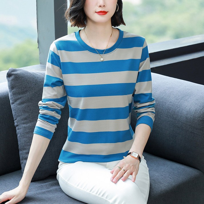 NEW 여성 가을 긴팔 티셔츠/단가라티셔츠/100면 티셔츠/간절기 긴팔티/여자 크루넥 줄무늬 기본티셔츠/빅사이즈긴팔티 11컬러