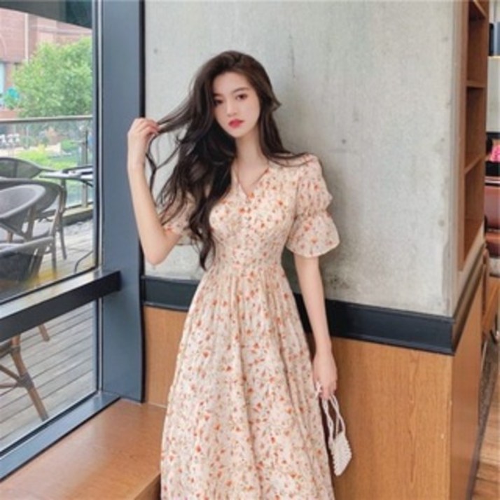 huifegn 오렌지 시폰 플라워 원피스