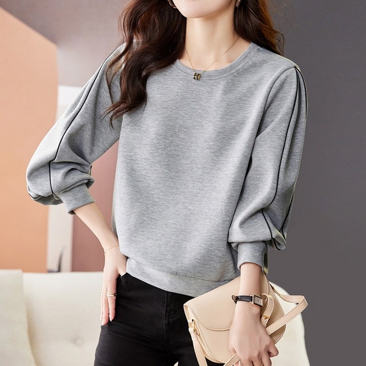 지디오 여성 긴팔 맨투맨 간절기 티셔츠 라운드넥 두줄포인트 퍼프 소매 소프트 루즈핏 베이직 봄 가을 긴팔티