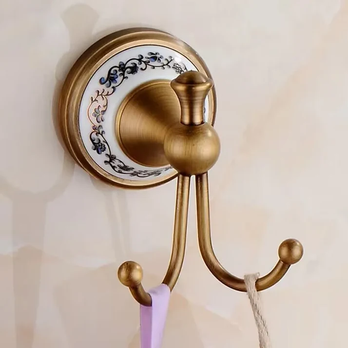 욕실용 골동품 황동 골드 더블 후크 롱혼 로브 및 수건 빈티지 장식 벽걸이 액세서리