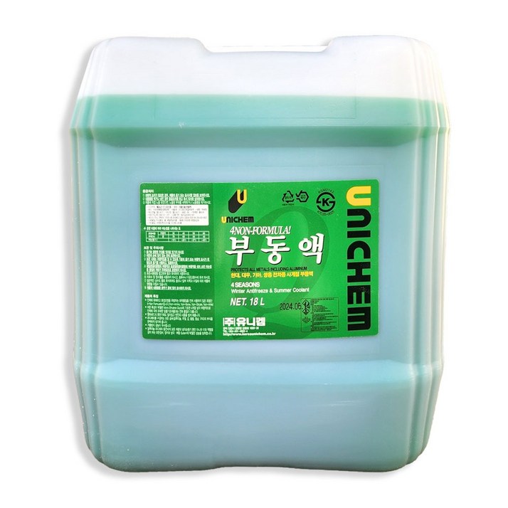 유니켐 부동액 18L 사계절용 냉각수 동결방지 부식방지 말통 업소용 자동차용 전차종, 1개, 18L 유니켐 부동액 18L 사계절용 냉각수 동결방지 부식방지 말통 업소용 자동차용 전차종, 1개, 18L