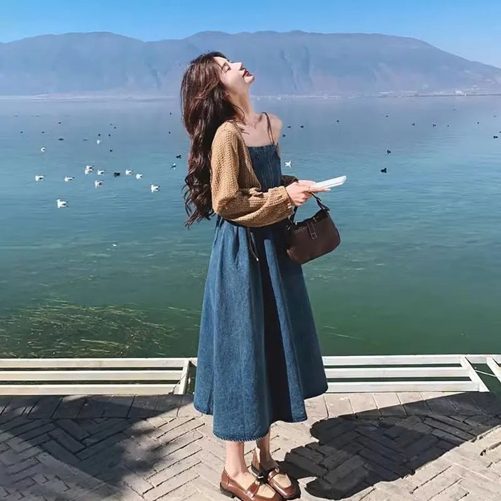 지고다그 여성 데님 뷔스티에 여름 끈나시 롱원피스 청치마 원피스HH1151