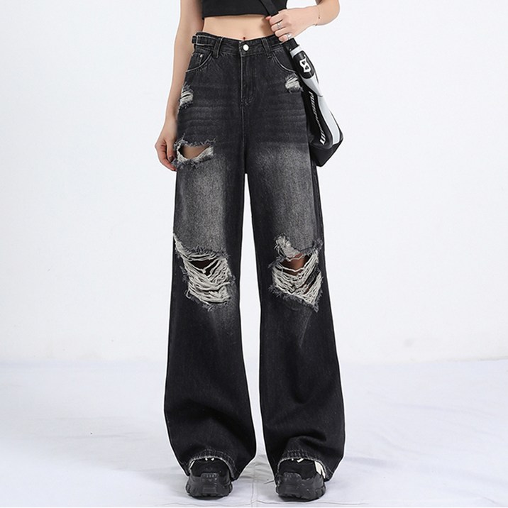닷이프 여성용 다크 데미지 와이드 찢청바지