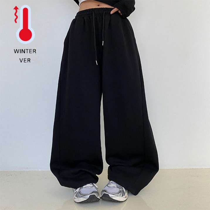 파쿠 겨울 기모 버전 입고 사이드 핀턱 와이드 롱 팬츠 밴딩 트레이닝 밑단스트링