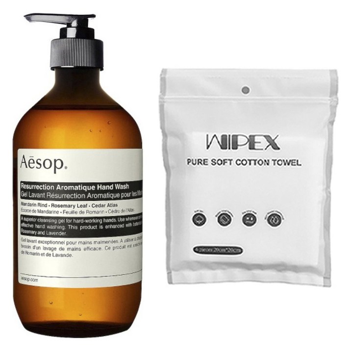 이솝 레저렉션 아로마틱 핸드 워시 500ml wipex 퓨어 소프트 코튼 타월 6개입
