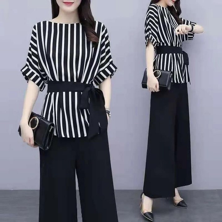AOKADA 여성 스트라이프 반팔 셔츠 와이드 스커트 팬츠 정장 슈트 투피스 셋업 여름 상하의 세트