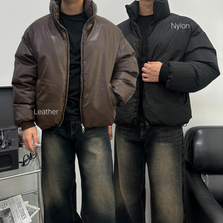 2TYPE 나일론레더 투웨이 숏패딩 오버핏 푸퍼 가죽 하이넥 패딩 4color