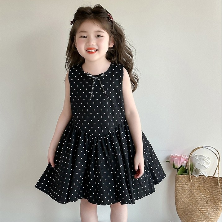 투에그 초등여아용 민소매 도트 원피스