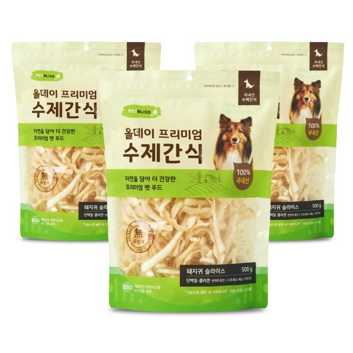 펫블리스 프리미엄 올데이 스틱 강아지 수제간식, 3개, 500g, 돼지귀 슬라이스