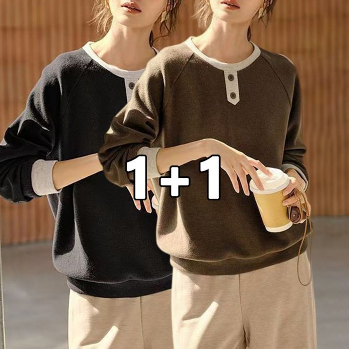 꽃소담 여성 1+1 루즈핏 빅사이즈 라운드넥 맨투맨 편안한 소프트 긴팔 티셔츠 MQ26A146