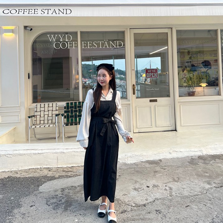 플랜 나시 스티치 리본 청 데님 뷔스티에 롱 원피스