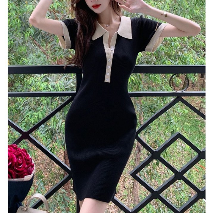 퍼니걸스 배색 니트 카라 원피스_3054