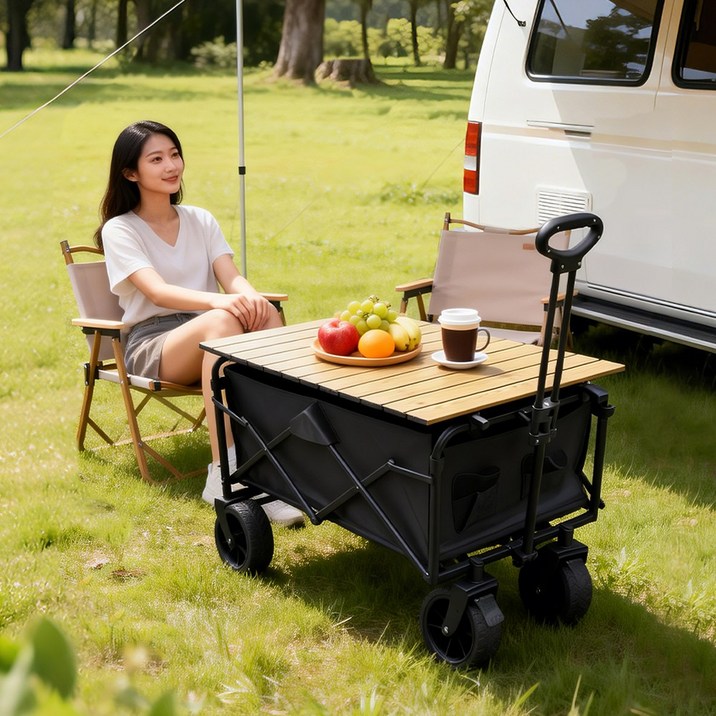 MoCaLiLi 캠핑웨건 접이식 다용도 캠핑카 + 휴대용 테이블, 1개, 블랙+85.5*52.7cm 테이블보드