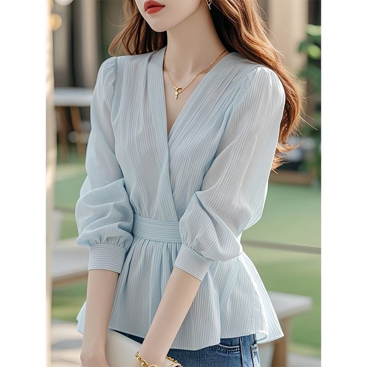 dulandQ 봄가을 여성 프렌치 캐주얼 루즈핏 오피스 브이넥 긴팔 블라우스 Q42