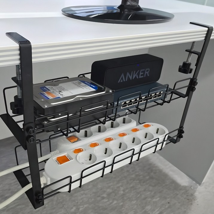 루소드 무타공 멀티탭 거치대 정리 선반, 블랙 2단 정리함, 1개