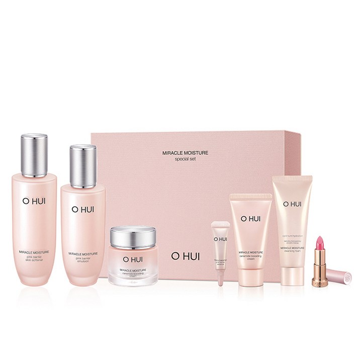 오휘 미라클 모이스처 핑크 베리어 스킨 150ml  에멀전 130ml  크림 30ml  NEW 루즈 리얼 미니  에센스 4ml  크림 25ml  클렌징 폼 40ml, 1세트
