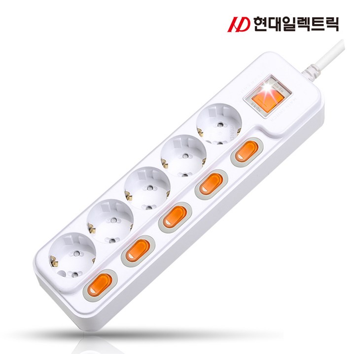 현대 국산 접지 개별 과부하차단 스위치 멀티탭 멀티콘센트 5구 16A, 10m, 1개
