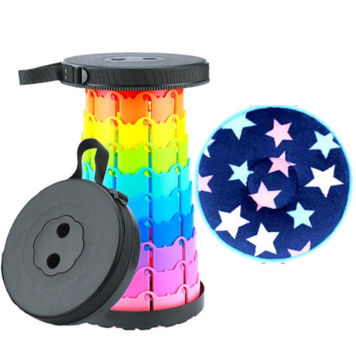 라온플렉스 휴대용 접이식 자바라 의자 아코디언 폴딩 체어 높이조절 간이 스툴 코끼리 트위스트 놀이 동산 공원 대기 줄서기 쿠션 방석, 1개, 레인보우 검정 세트