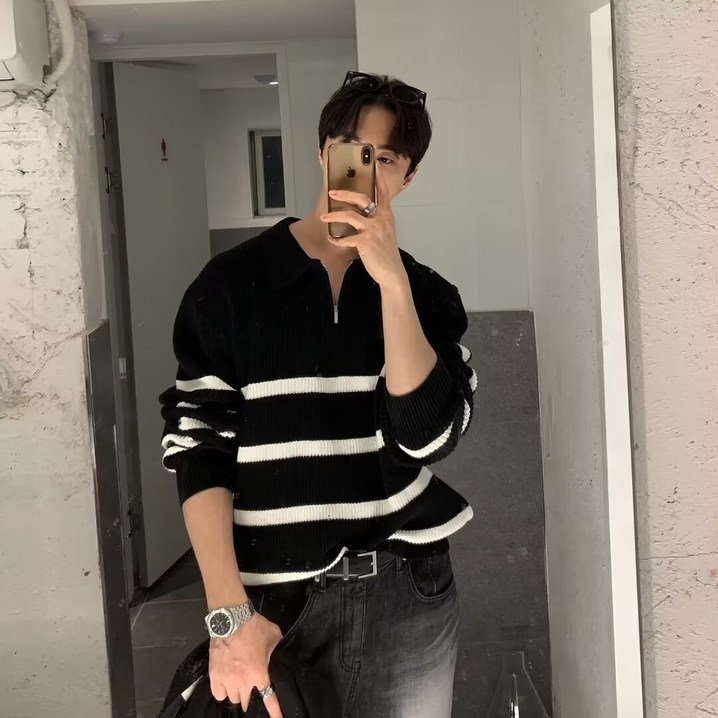 style dr 남성용 워셔블 빅사이즈 오버핏 카라 스트라이프 니트 티셔츠 스웨터