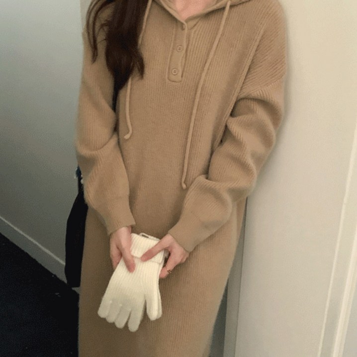 루어스룸 빅토리 후드 골지 H라인 일자 하객룩 데일리룩 니트 롱 원피스