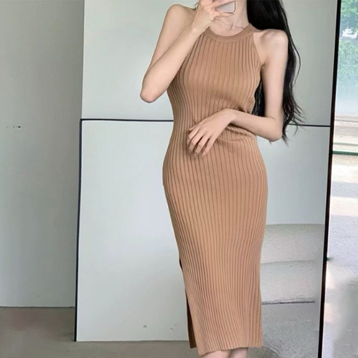 비비에모 홀터넥 골지 미디 원피스 06914