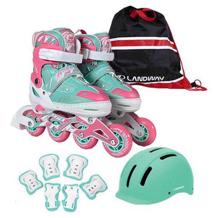 랜드웨이 아동용 레이싱 인라인스케이트  헬멧  보호대 3종 x 2p  가방 세트