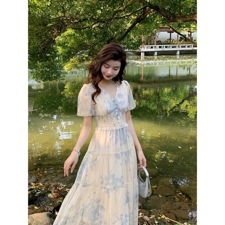 ANYOU 여성 미디 퍼프소매 플라워 원피스 허리 조임 캐주얼 원피스