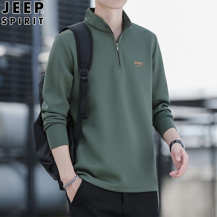 JEEP SPIRIT 지프 스피릿 남성 맨투맨 솔리드 긴팔 컬러 하프 하이 칼라 루즈 코튼 긴팔티 라운드넥 남자 롱 슬리브 지퍼 스웨트 맨투맨 23135