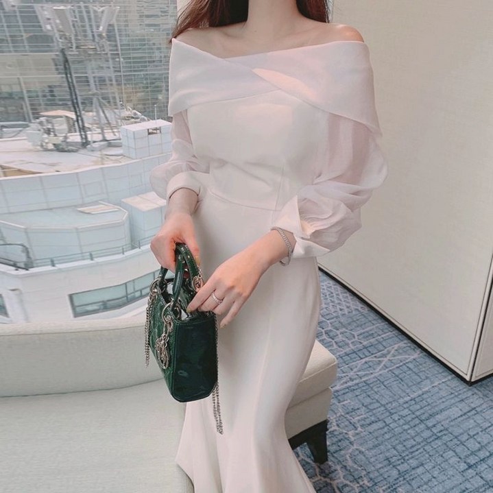 쉬폰 오간자 배색 오프숄더 미디 롱원피스 스냅사진 결혼식 하객룩 브라이덜샤워