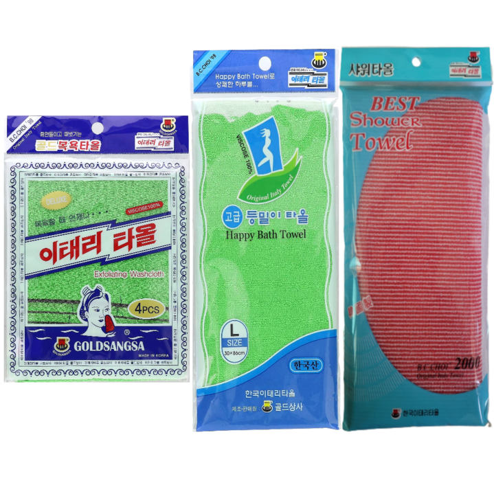 국내산 이태리 타올 4매 / 골드상사 목욕타올/이태리타올 / 목욕타올/국내생산, 그린+등밀이L+샤워타올, 1개입, 4개