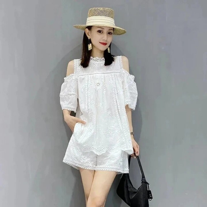 PINK LITCHI 여성 세련된 정장 여름 반팔 블라우스 반바지 오피스룩 상하세트 NU36