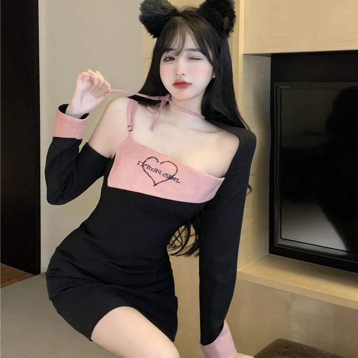 Sevalo 2023 초봄 여성 타이트 넥 원피스 쇼트 나시 긴팔 레깅스 힙 스커트